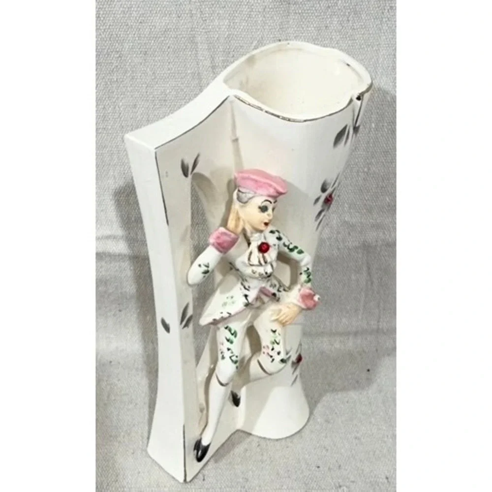 Vintage 1940s Victorian Dandy Ceramic Vase Hand Painted Figural Bud Vase 8 Inch